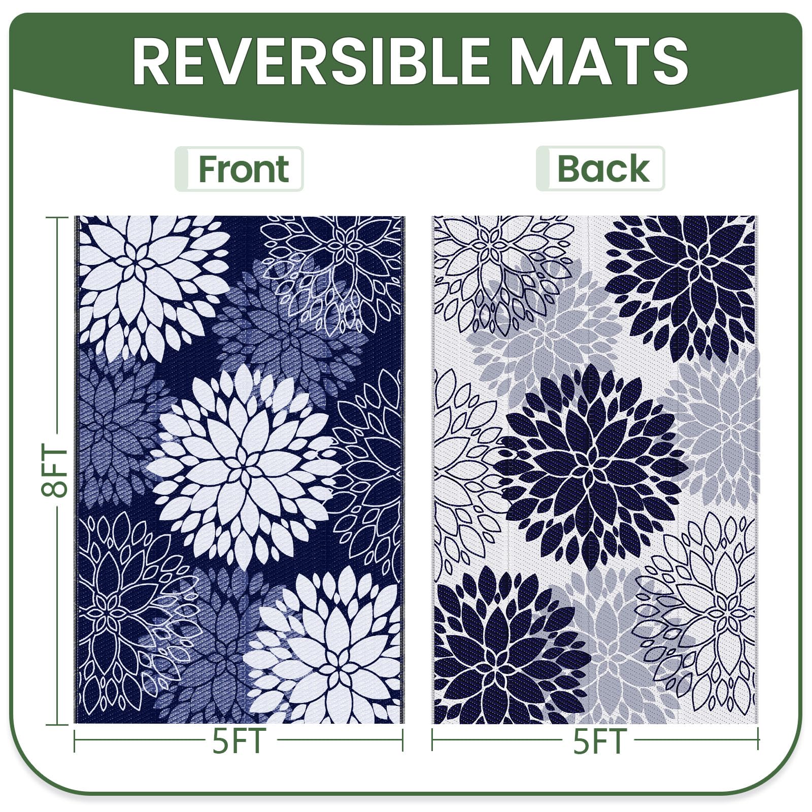 LuxStep reversible rug, flower pattern side A, ideal for porch decor and picnics.