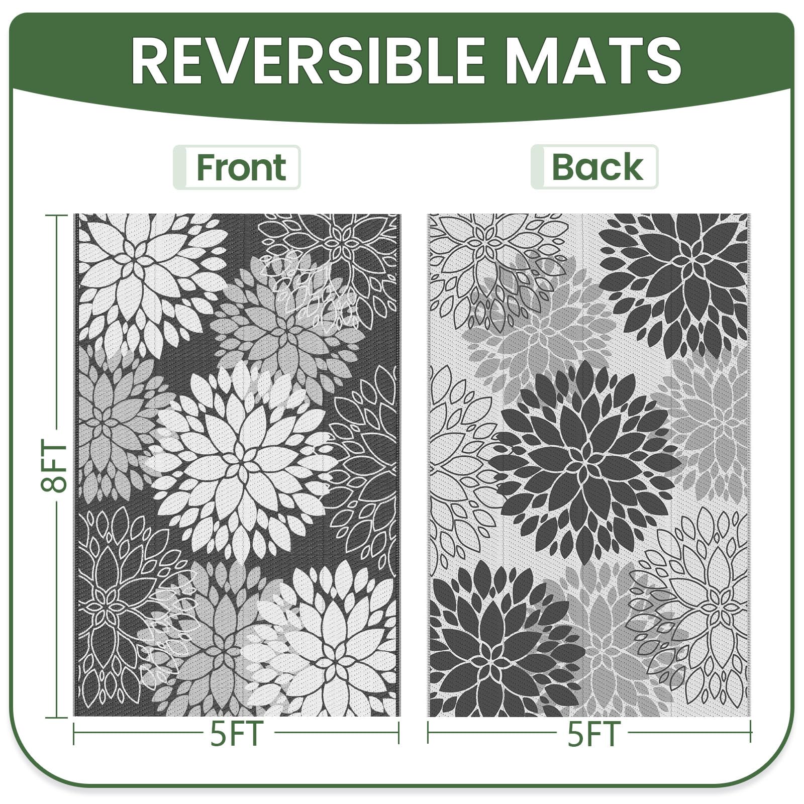 LuxStep reversible flowers pattern rug showing both sides for versatile outdoor styling