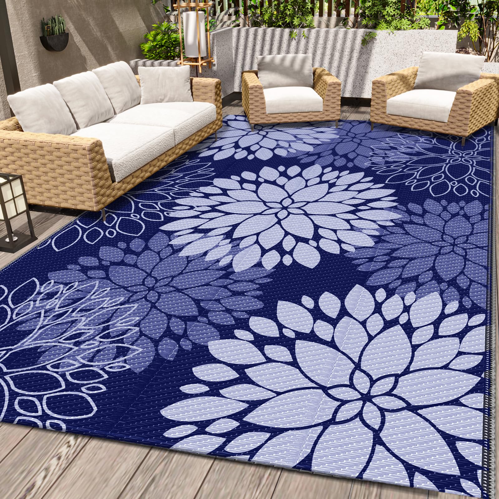 LuxStep outdoor rug 5x8 blue, waterproof and easy to clean on patios and decks.