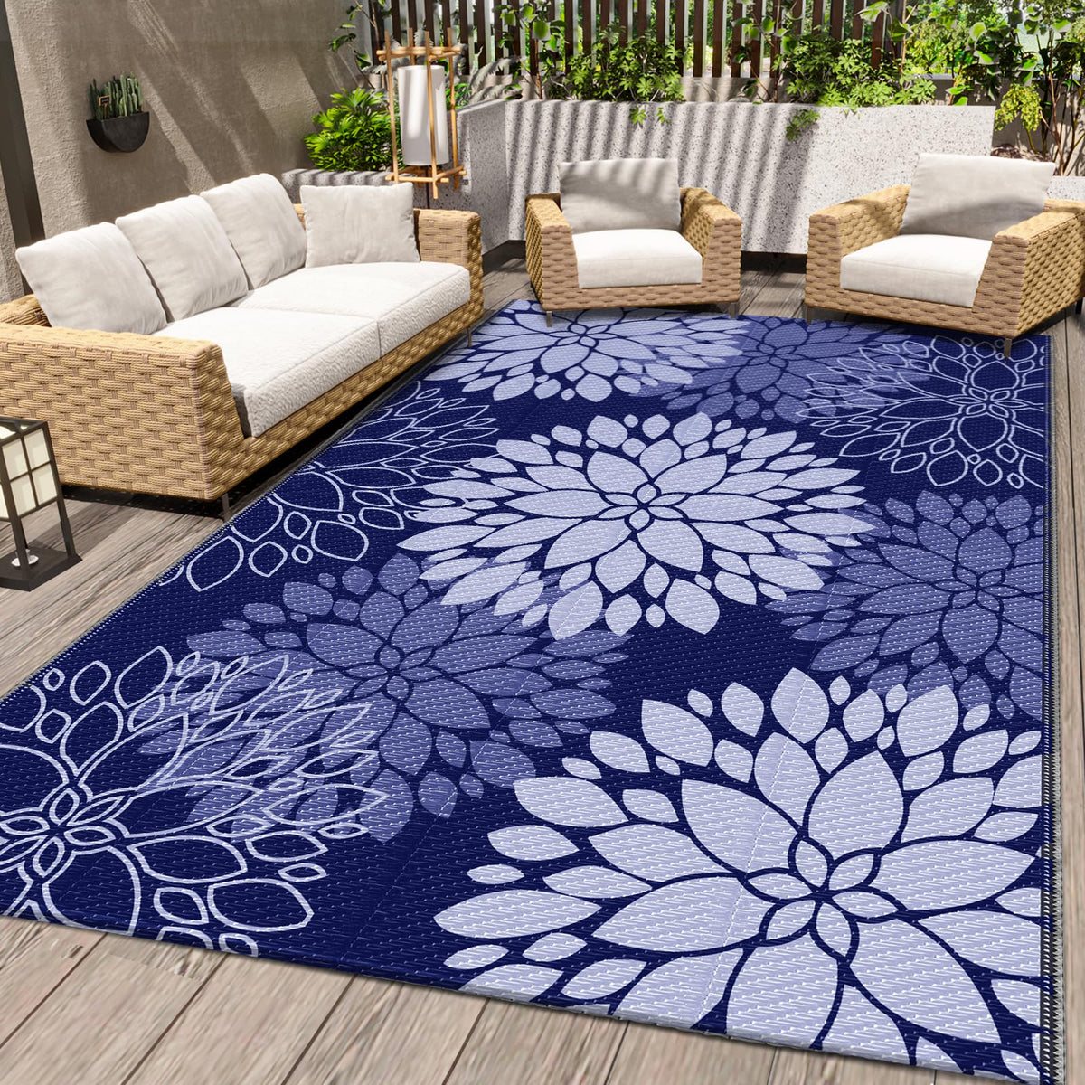LuxStep outdoor rug color blue, waterproof and easy to wipe clean for patios.
