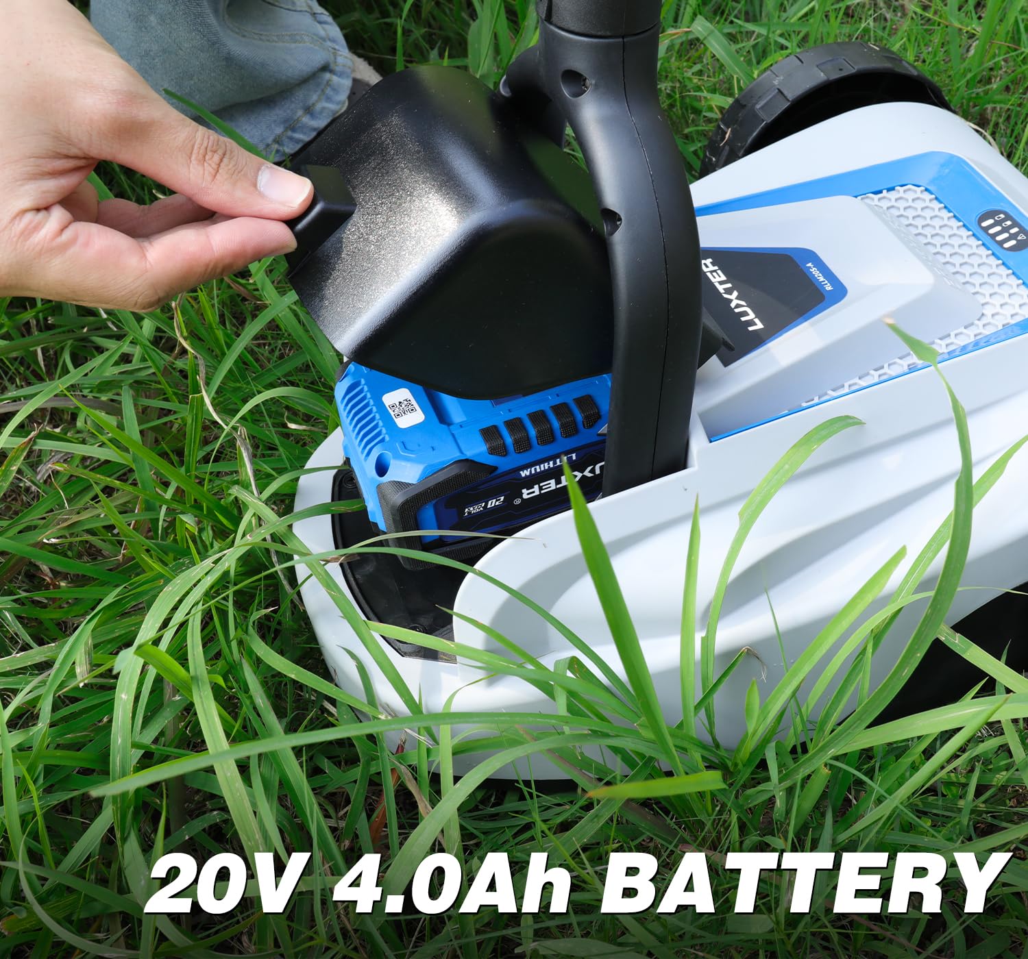 Luxter 20V 4.0Ah battery provides reliable power for small yards.
