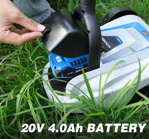 Luxter 20V 4.0Ah battery provides reliable power for small yards.