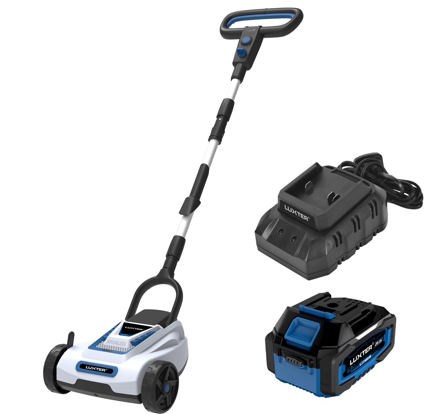 Luxter 9-inch cordless mower with brushless motor for efficient small-yard mowing.