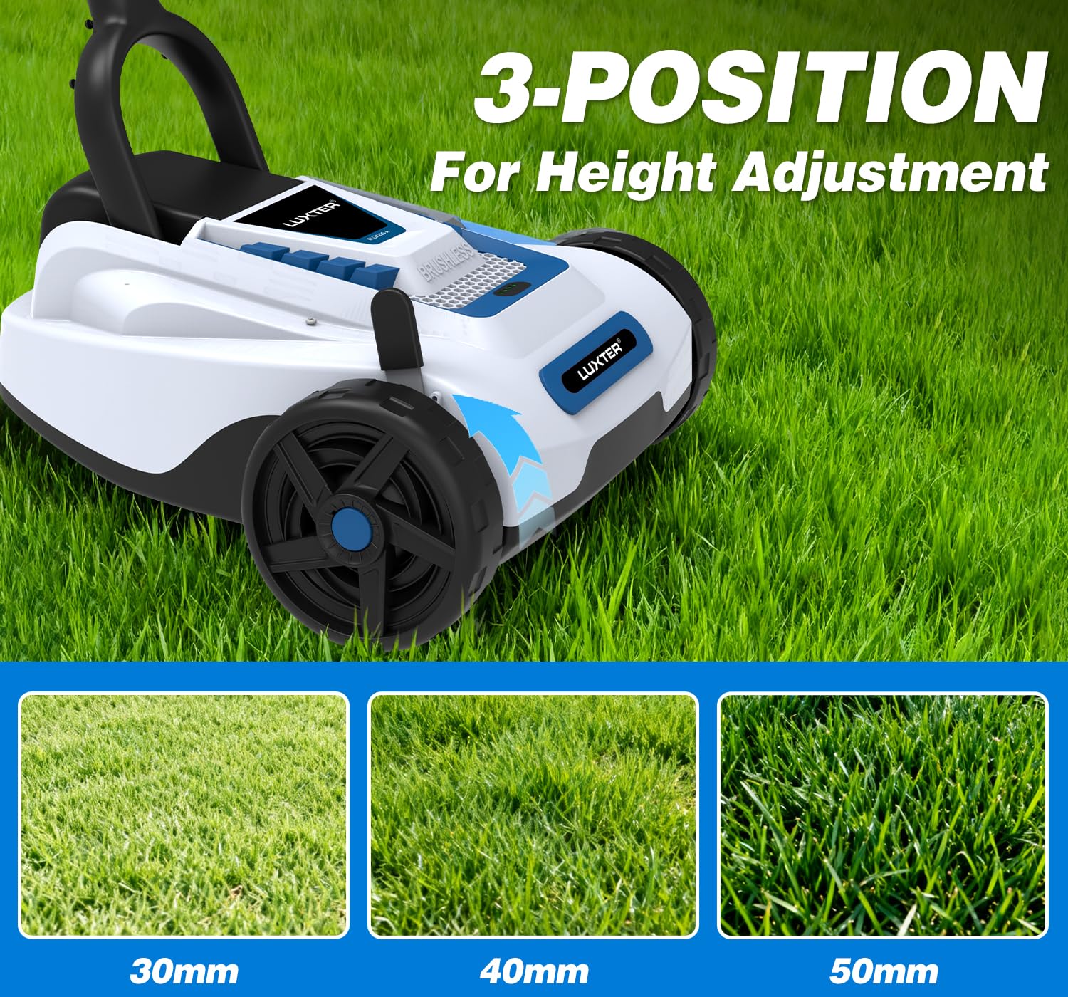 Luxter detachable pole folds for compact storage after mowing.