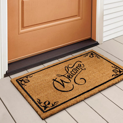 LuxUrux Coco Coir Welcome Mat front view shows natural fibers trapping dirt