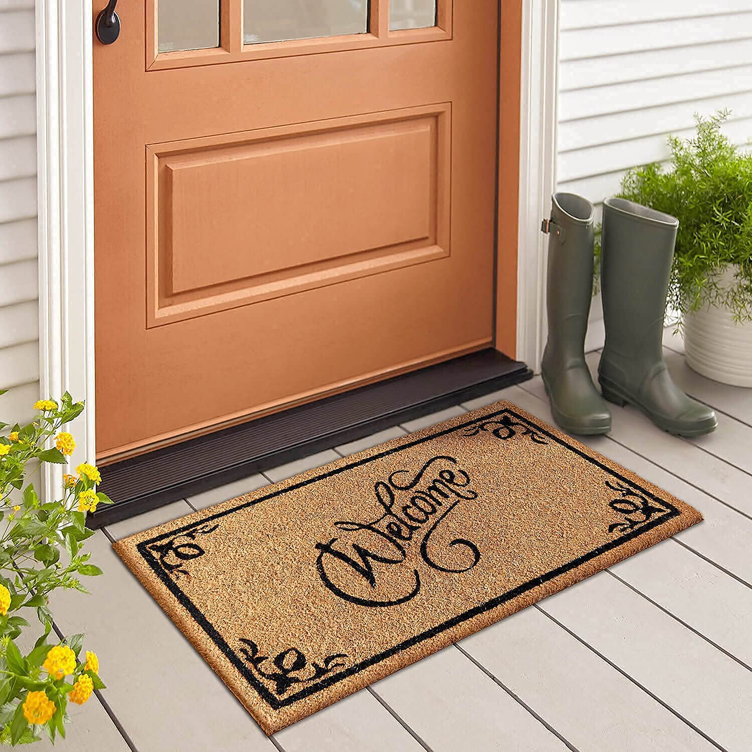 LuxUrux Coco Coir Welcome Mat heavy-backing ensures secure placement at busy entrances