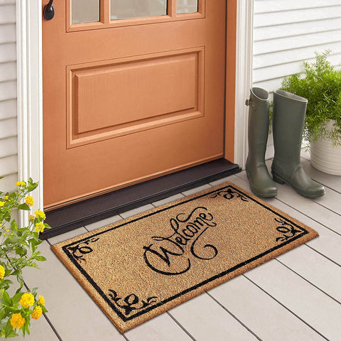 LuxUrux Coco Coir Welcome Mat heavy-backing ensures secure placement at busy entrances