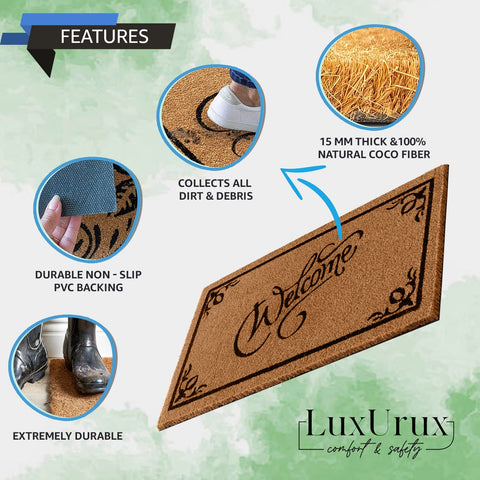 LuxUrux Coco Coir Welcome Mat outdoor-indoor-use shows versatile placement