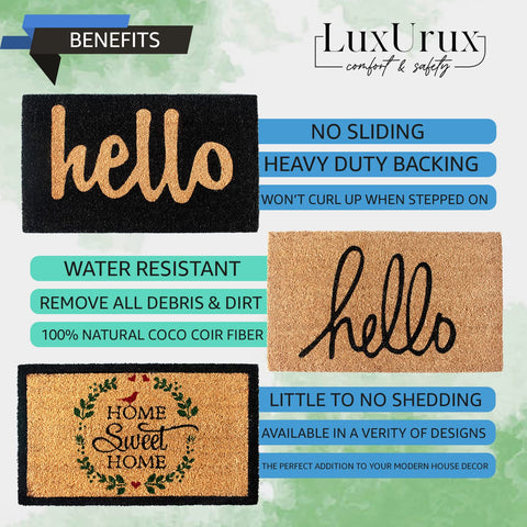 LuxUrux Hello mat displayed in a stylish entryway setup