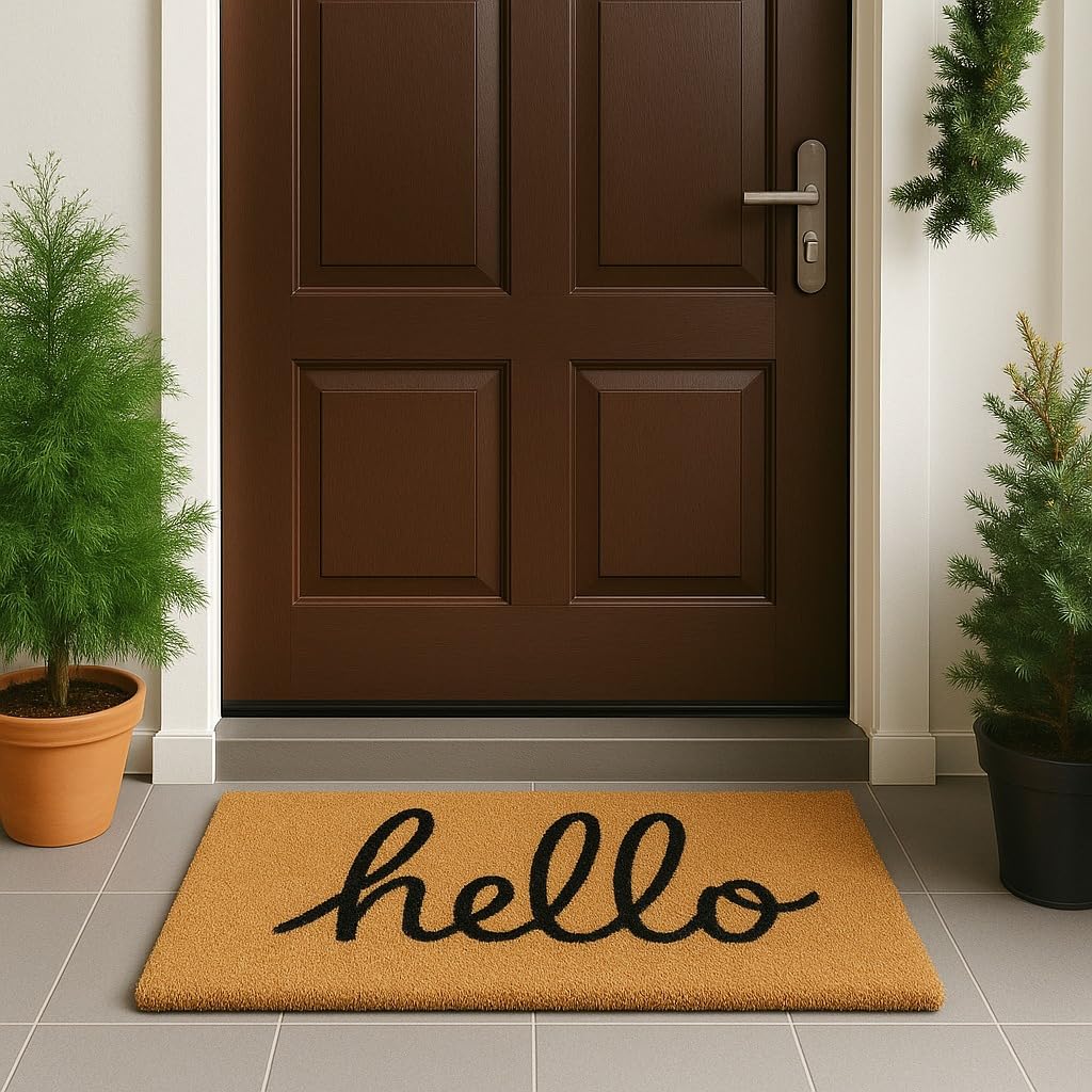 LuxUrux Hello mat with heavy-duty PVC backing for stability