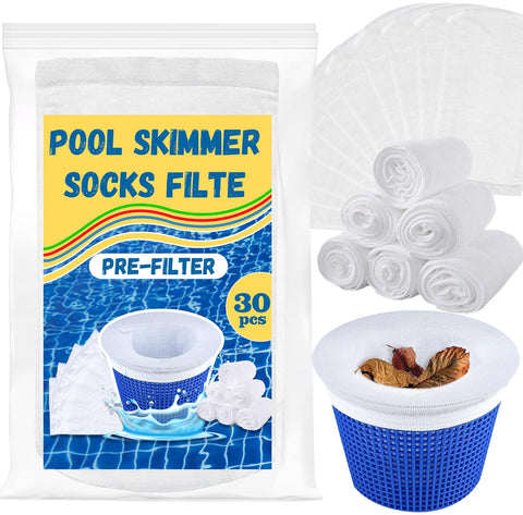 LUYI 30-pack pool skimmer socks in packaging for quick replacement and tidy pools