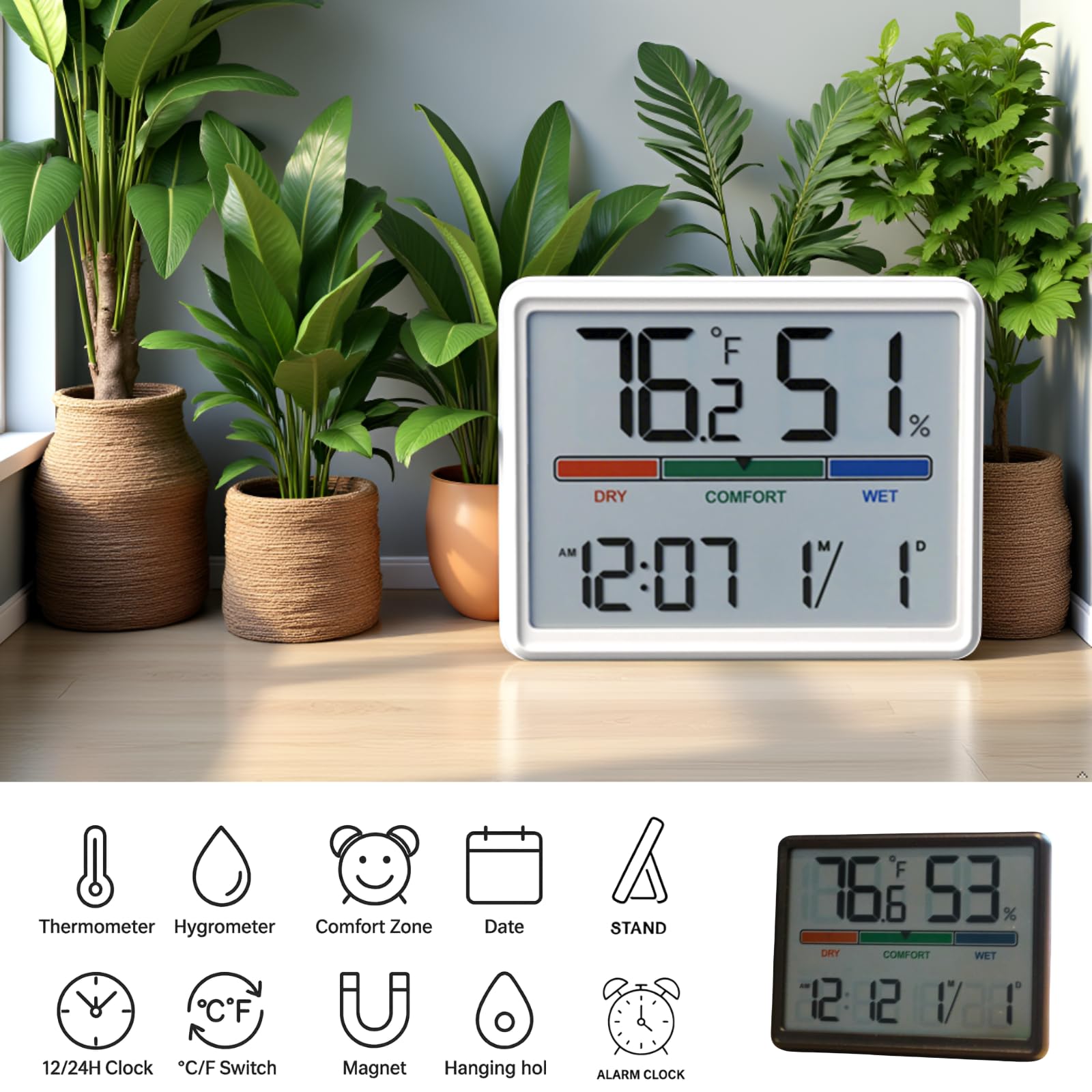 Luzsco Digital Hygrometer Clock desk stand for bedside or desk use.