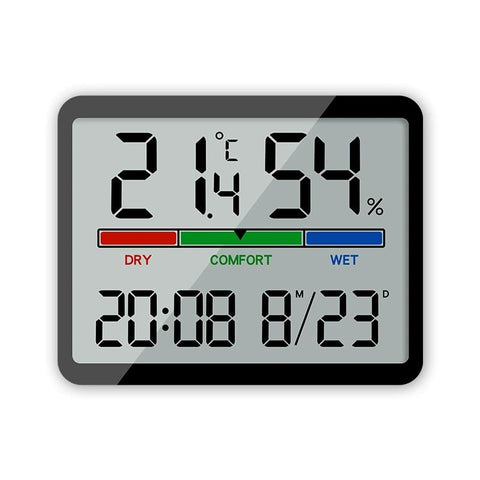 Luzsco Digital Hygrometer Clock front view with temperature and humidity display.