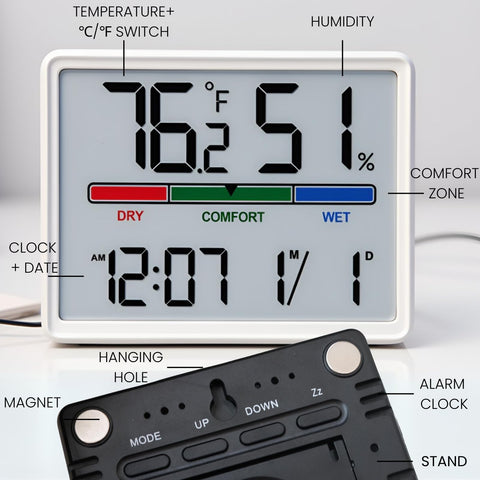 Luzsco Digital Hygrometer Clock wall mount hole for space saving installation.