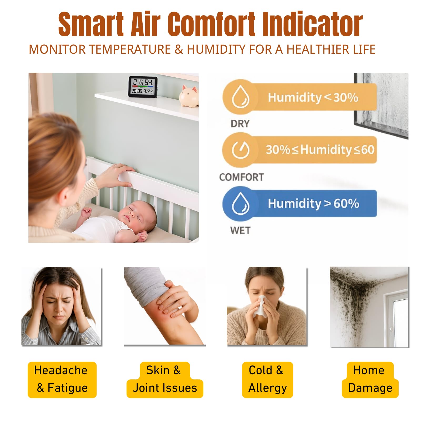 Luzsco temperature humidity display helps monitor room climate at a glance.