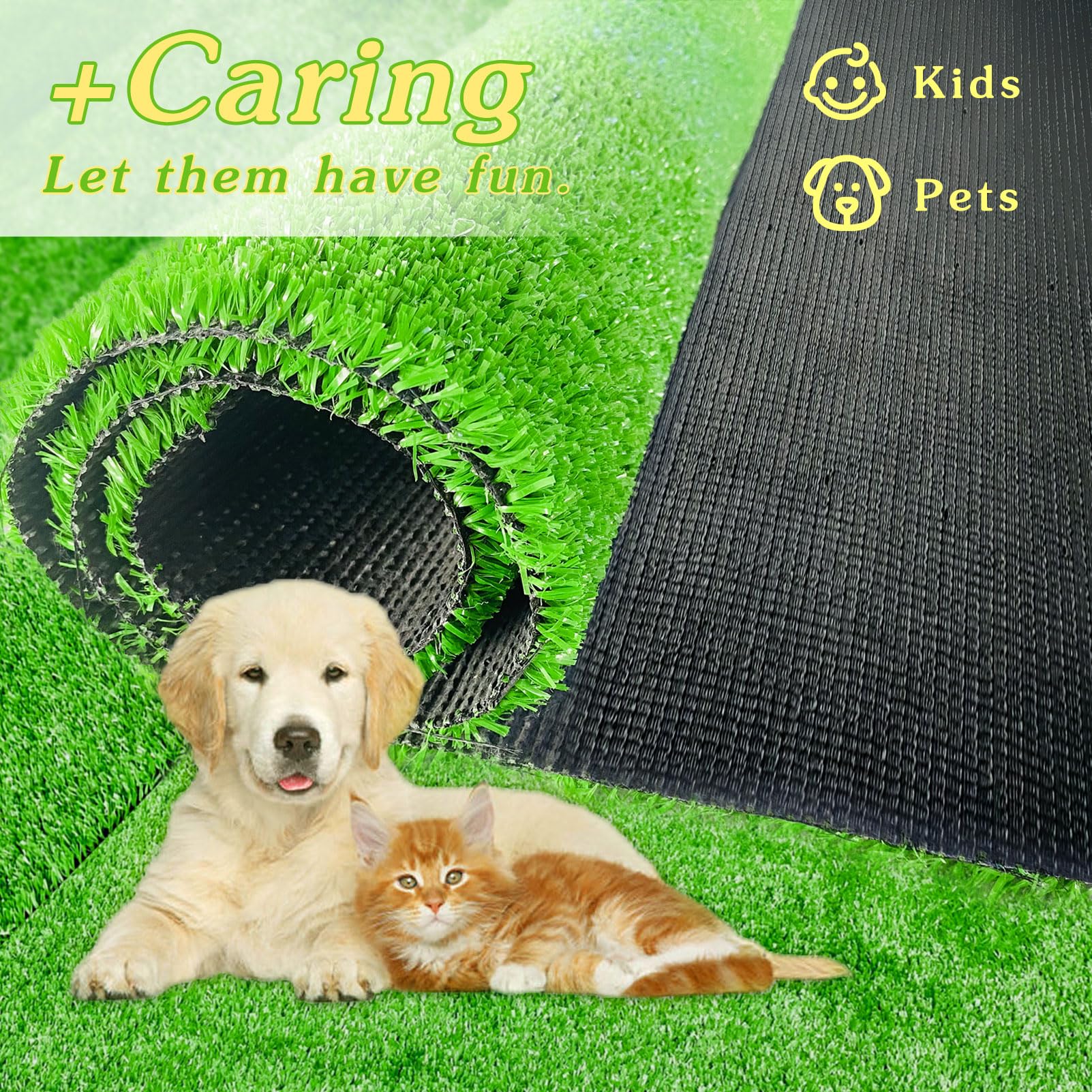 LVBAO self-draining rubber-backed turf backing prevents puddles and enables quick cleanup.