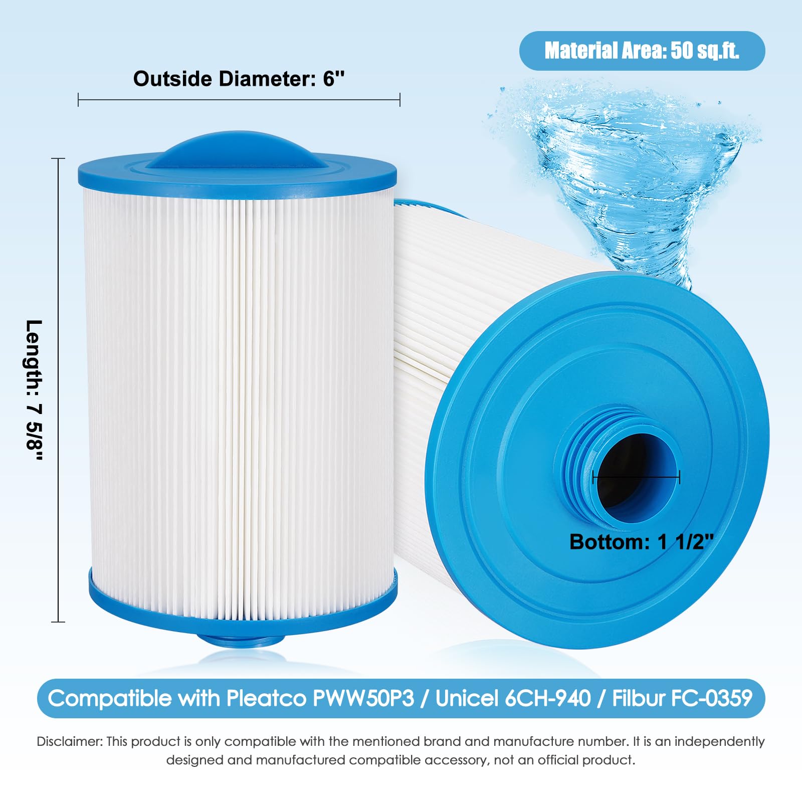 LVJUSEN PWW50P3 spa filter bottom-connector ensures snug installation with a 1.5-inch bottom