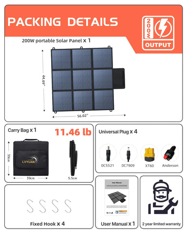 LVYUAN 200W panel with carabiners for secure backpack attachment