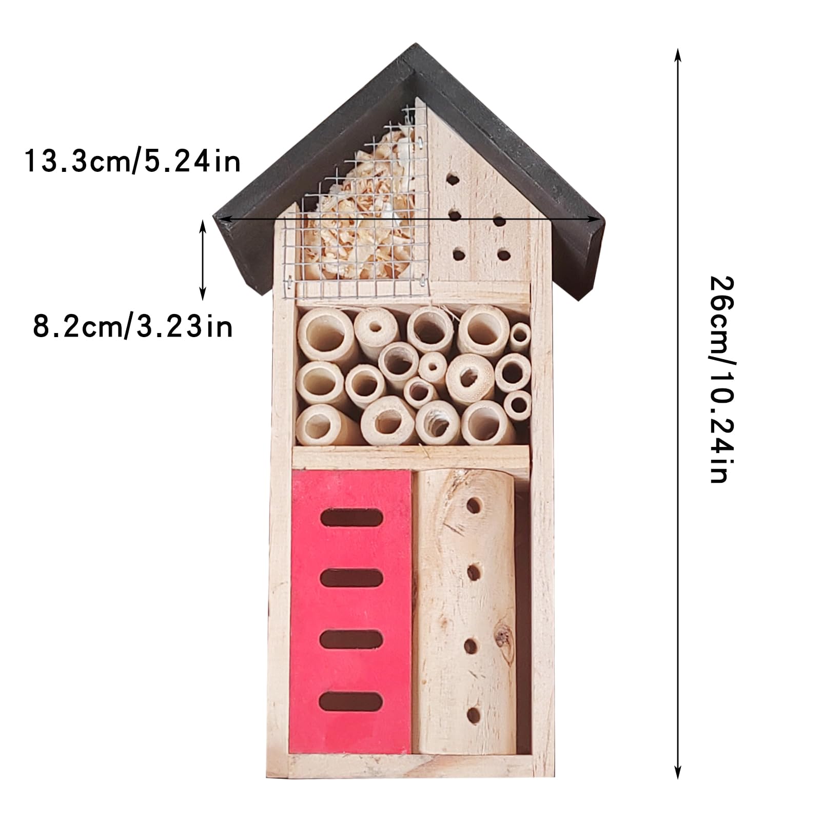 LWINGFLYER insect hotel close-up reveals multi-compartment construction for diverse species.
