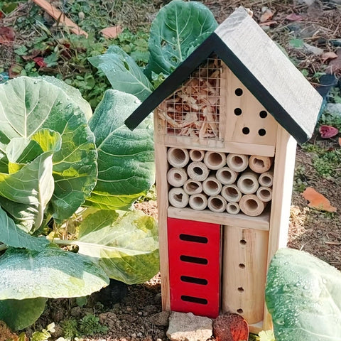 LWINGFLYER insect hotel front view with varied holes to attract bees and butterflies.