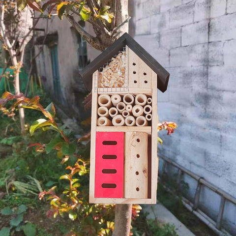 LWINGFLYER insect hotel mounted on wall demonstrates easy garden placement.