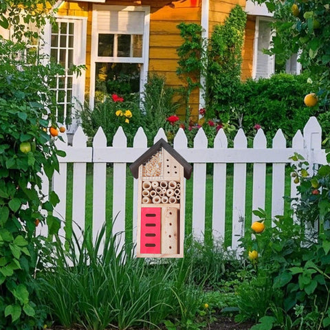 LWINGFLYER insect hotel natural wood finish enhances outdoor garden decor.