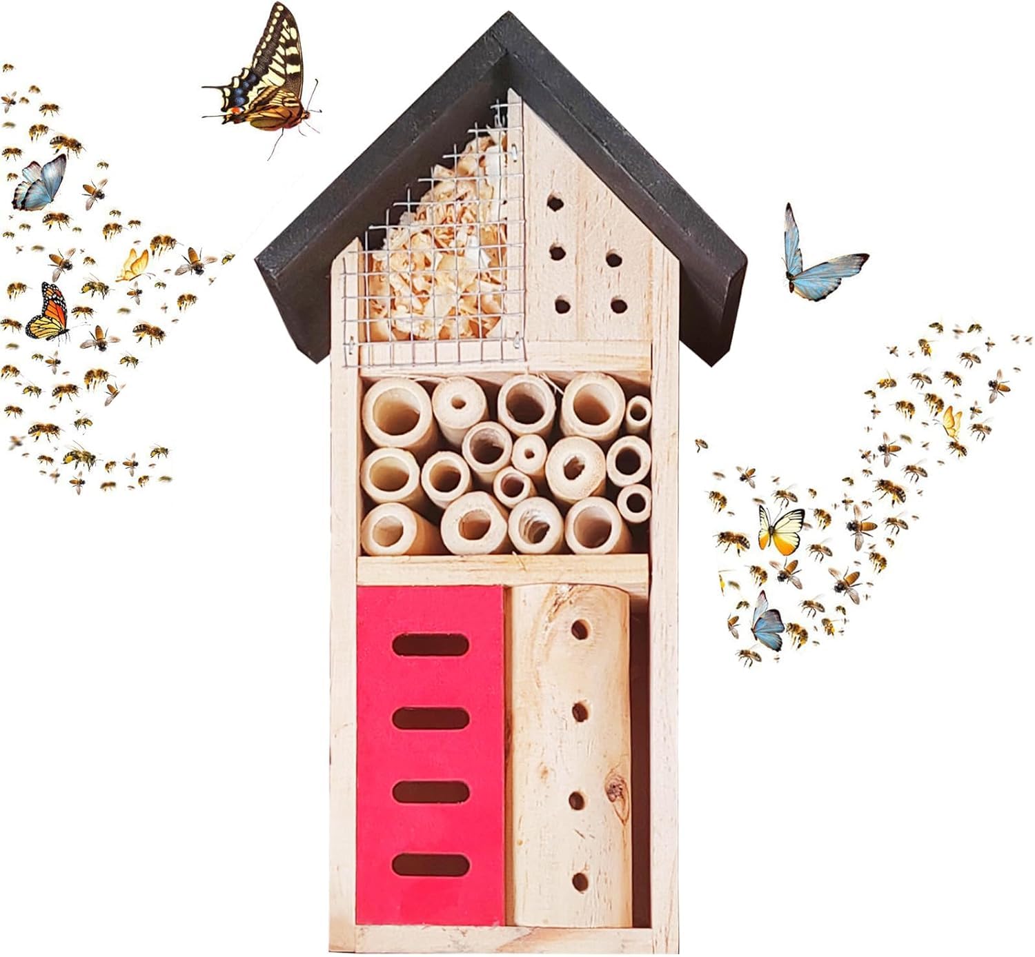 LWINGFLYER insect hotel side view showing compact, weather-resistant wooden design.