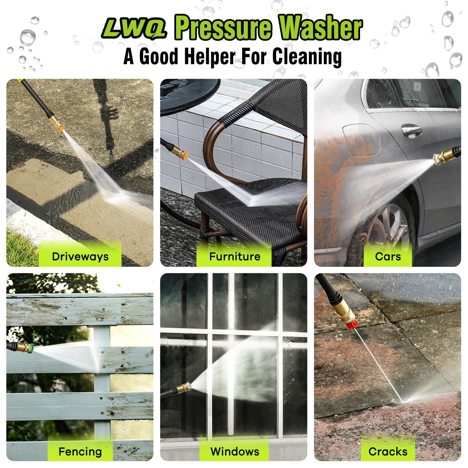 LWQ foam cannon attachment delivers rich foam for thorough pre-wetting.