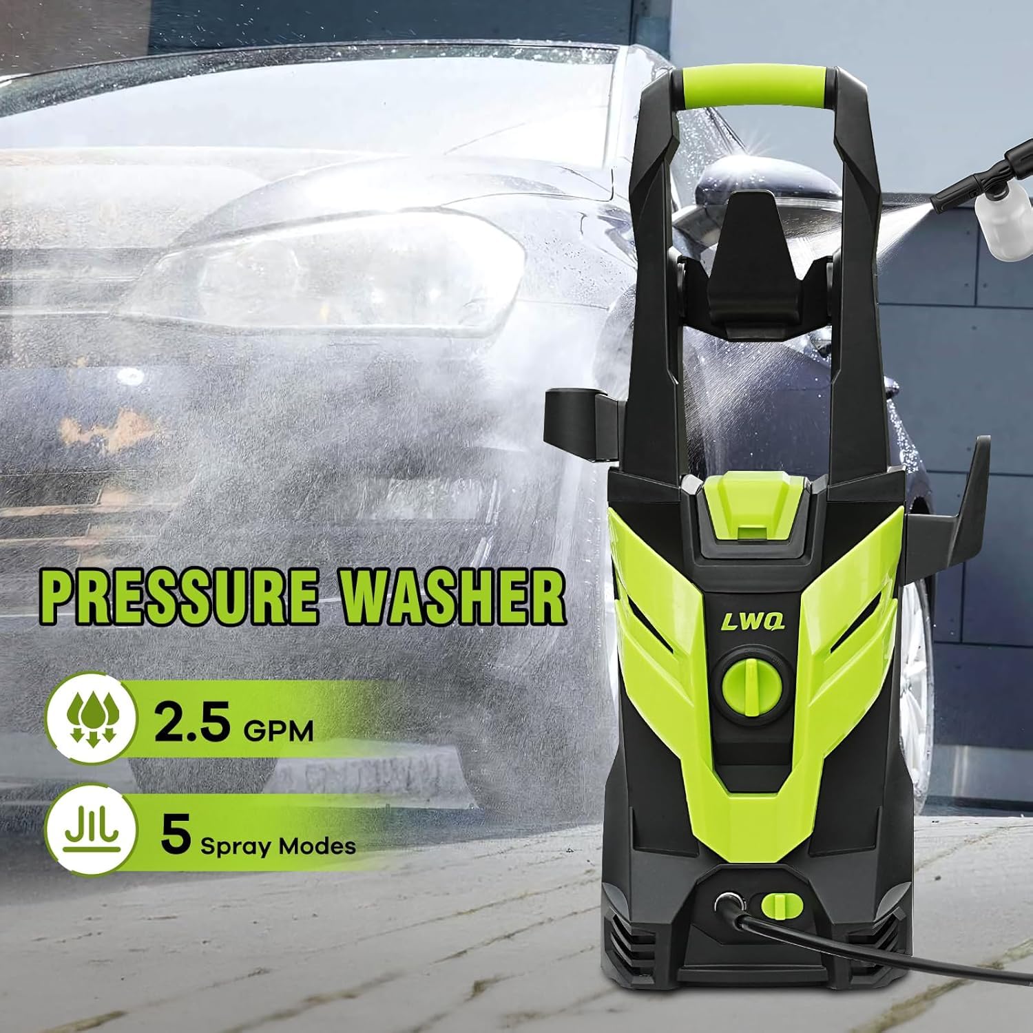 LWQ foam cannon attached to the LWQ washer for efficient car washing.