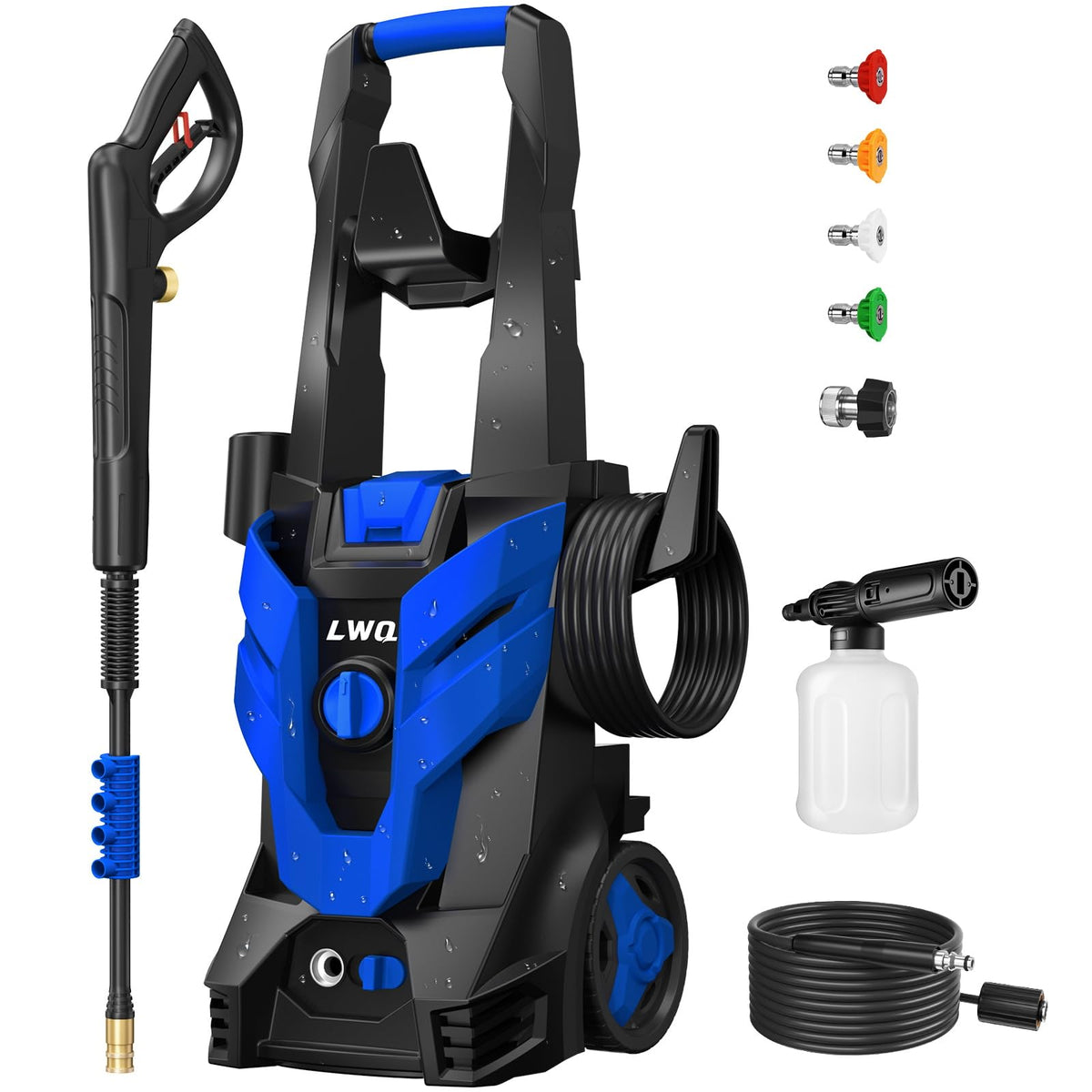 LWQ pressure washer front view highlights compact design for easy storage.