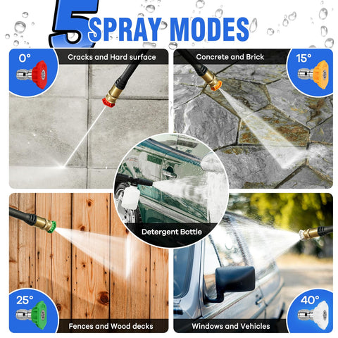 LWQ pressure washer 15-degree nozzle delivers wider spray for patio cleaning.
