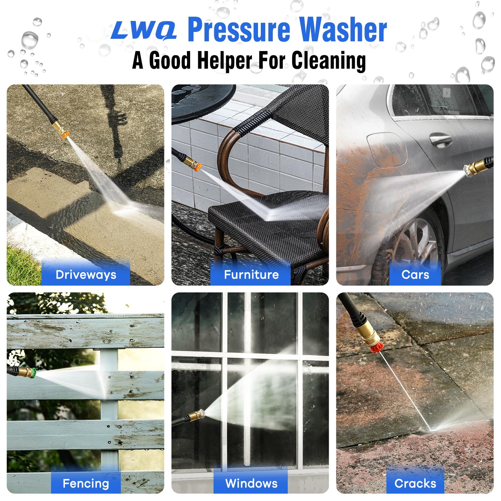 LWQ pressure washer 25-degree nozzle cleans driveways with broad spray.