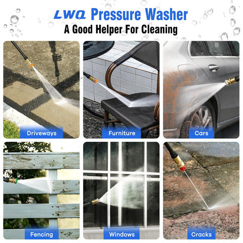 LWQ pressure washer 25-degree nozzle cleans driveways with broad spray.