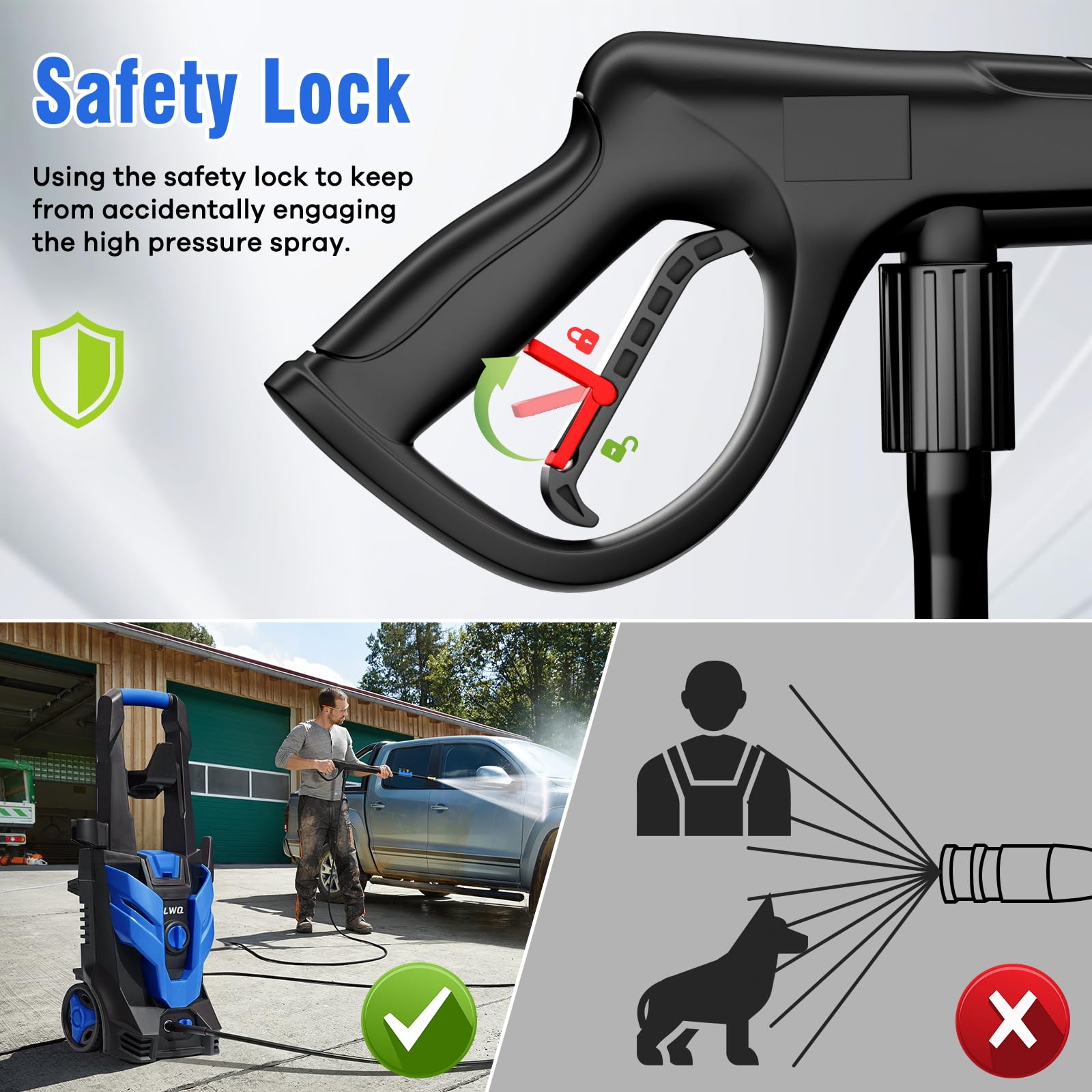 LWQ pressure washer 40-degree nozzle gentle spray for delicate surfaces.