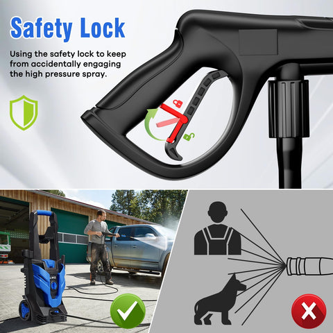 LWQ pressure washer 40-degree nozzle gentle spray for delicate surfaces.