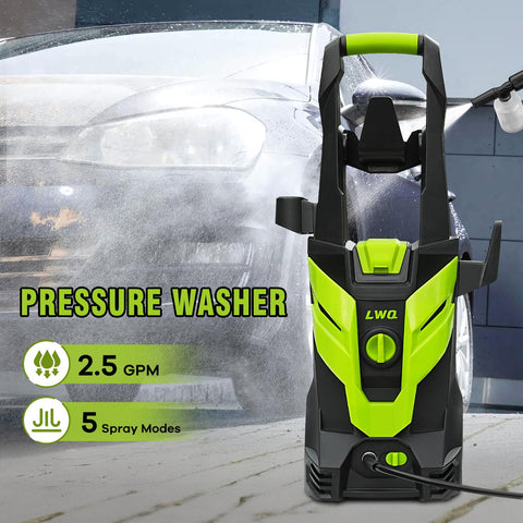 LWQ pressure washer side assembly highlights wheels and stable stance for moving around.