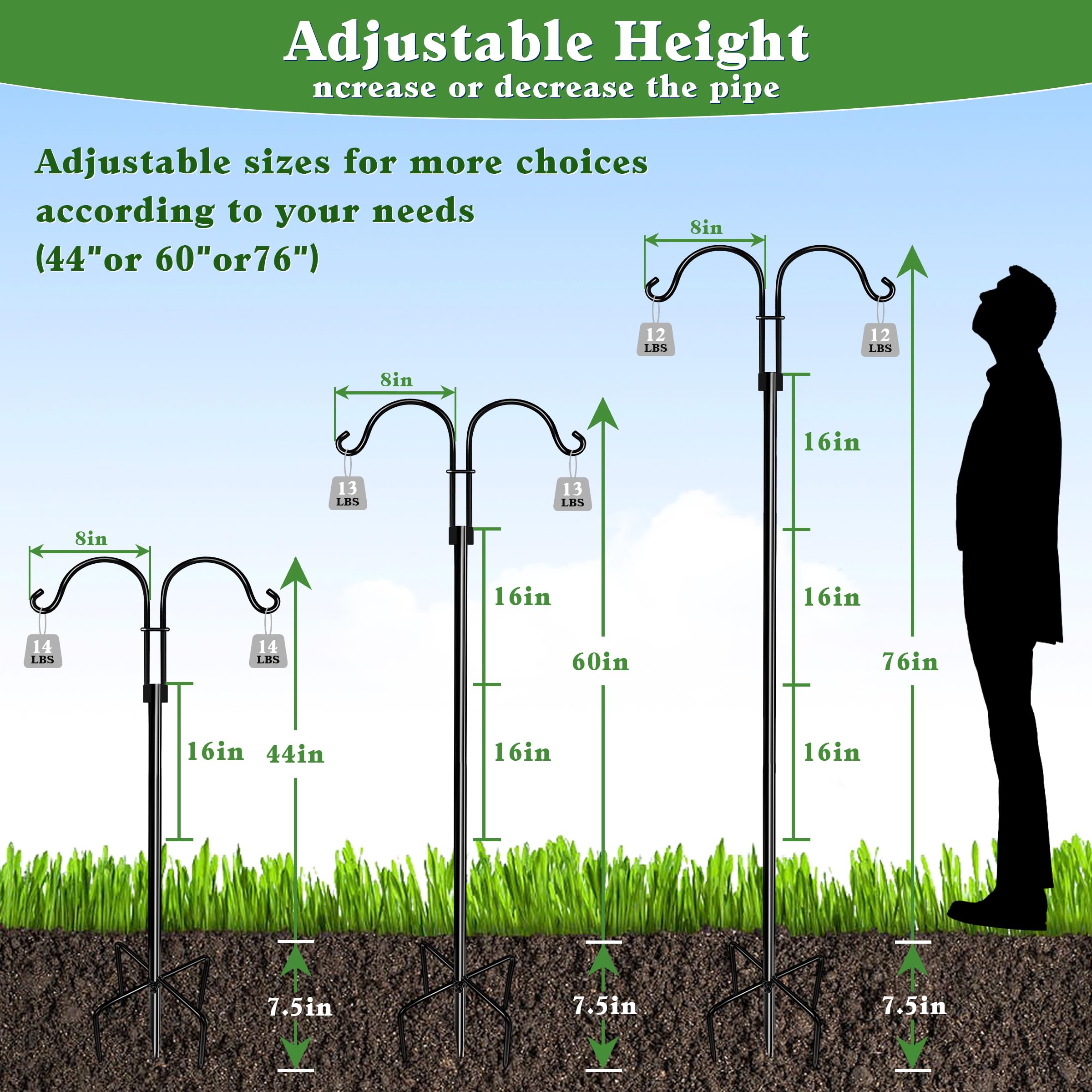 LWWTBS adjustable-height pole shows options from 44 to 76 inches for versatile hanging.
