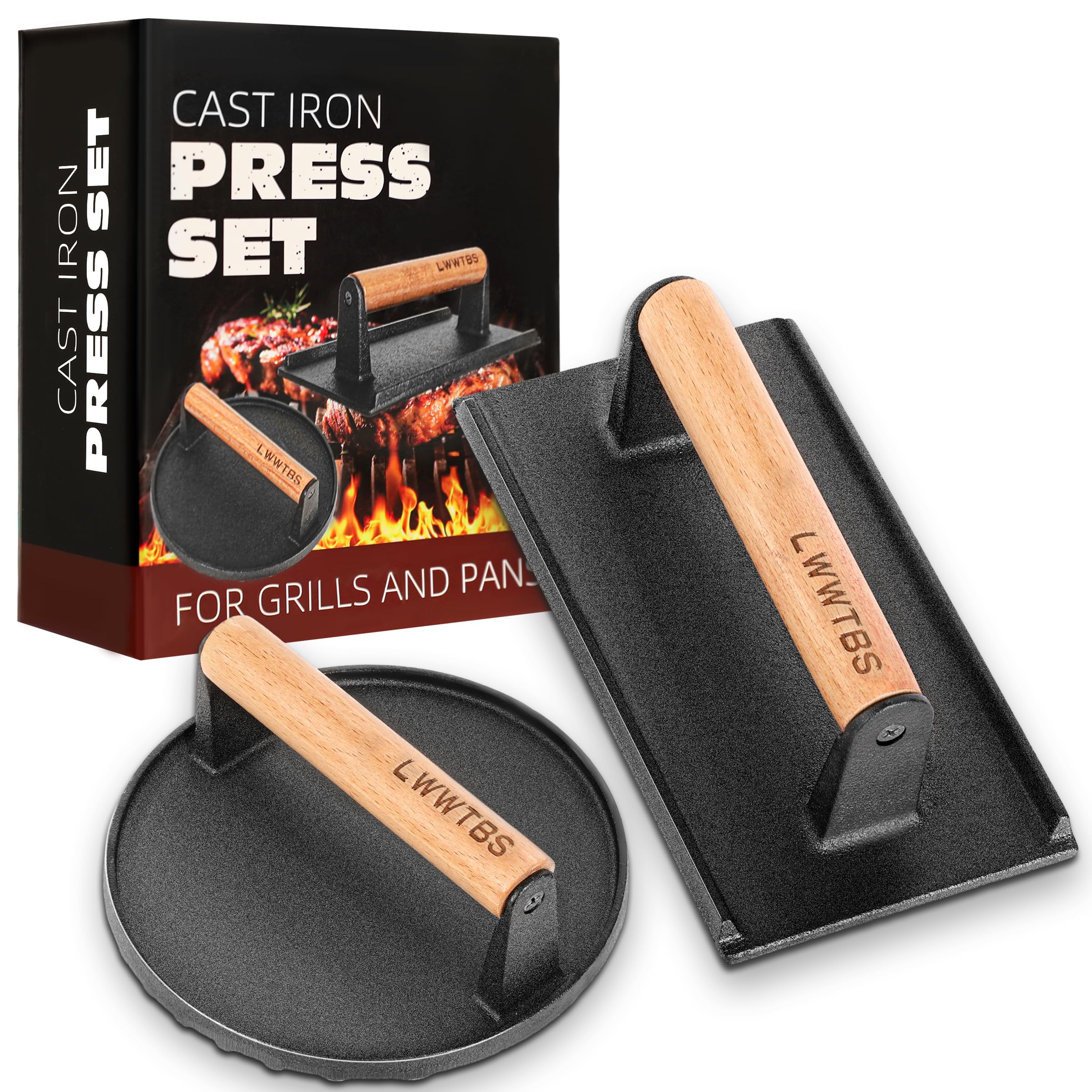 LWWTBS burger press with grooved bottom delivers classic grill marks on the griddle.