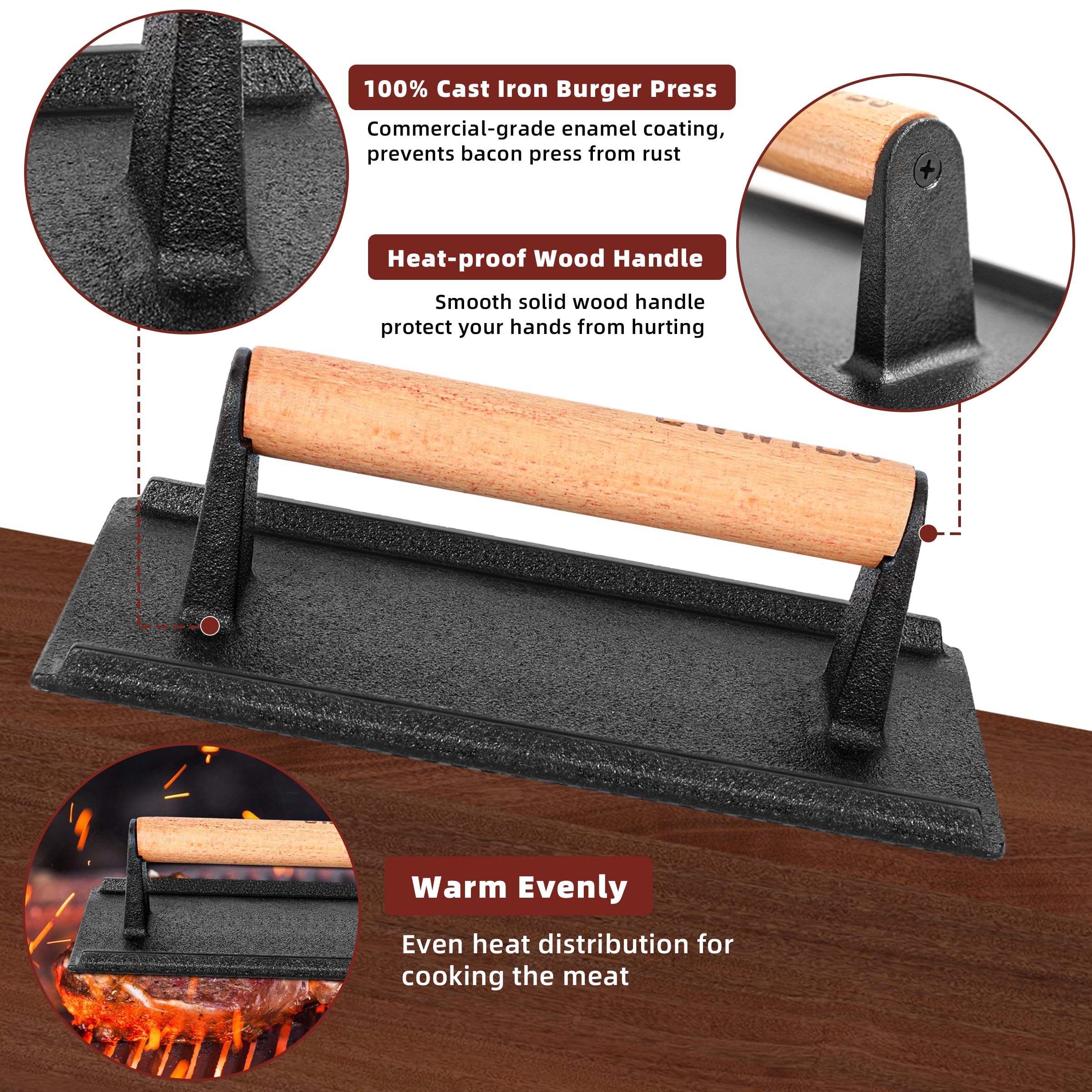 LWWTBS cast iron with wood handle enables stovetop and grill use.