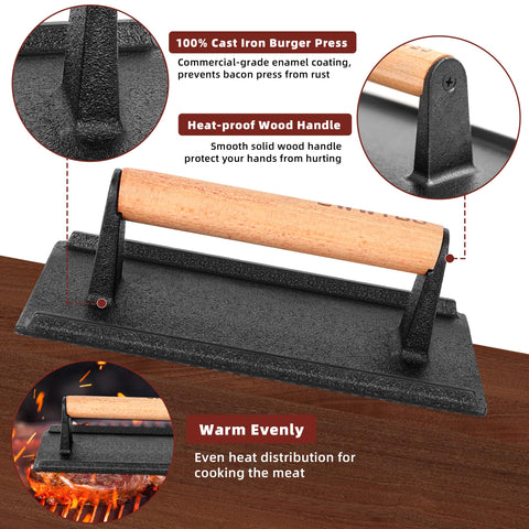 LWWTBS cast iron with wood handle enables stovetop and grill use.