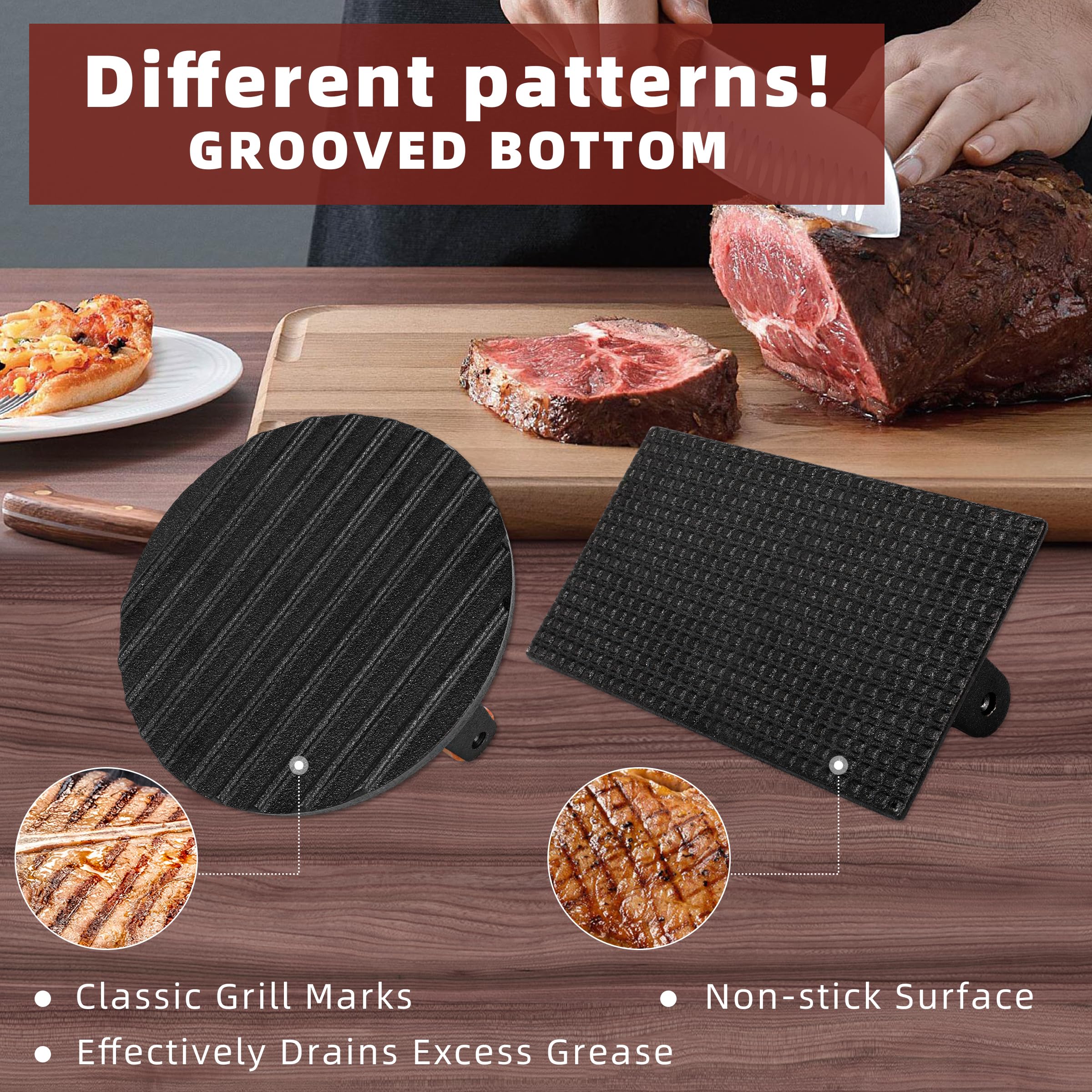 LWWTBS press on Blackstone griddle shows heat-proof wood handle for safe grip.
