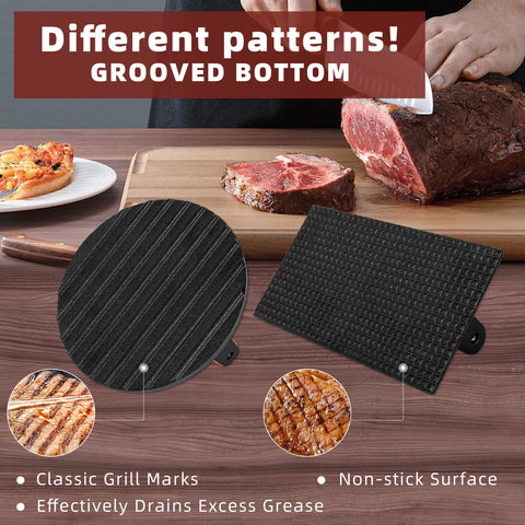 LWWTBS press on Blackstone griddle shows heat-proof wood handle for safe grip.