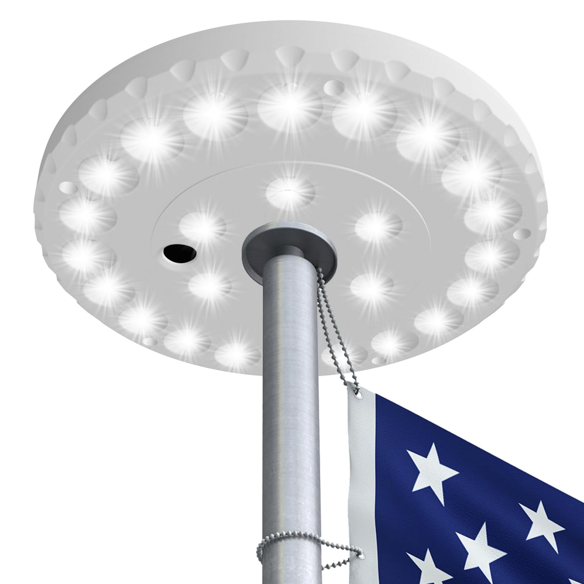 Lxnuinxl solar flag light on a pole at dusk for curb appeal