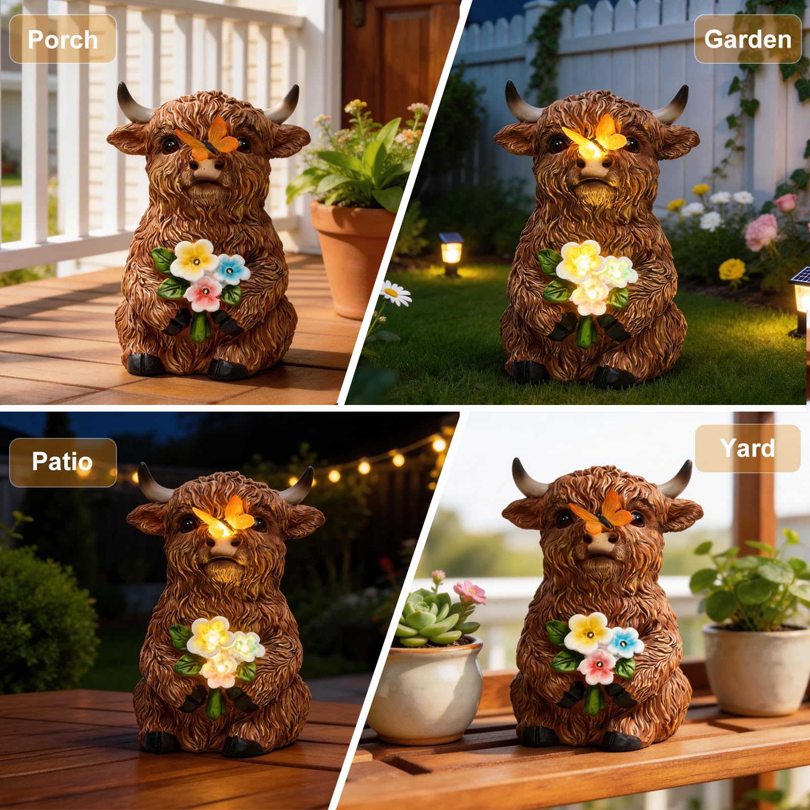 LXOUMEI Highland cow statue bouquet lights brighten patios at night.
