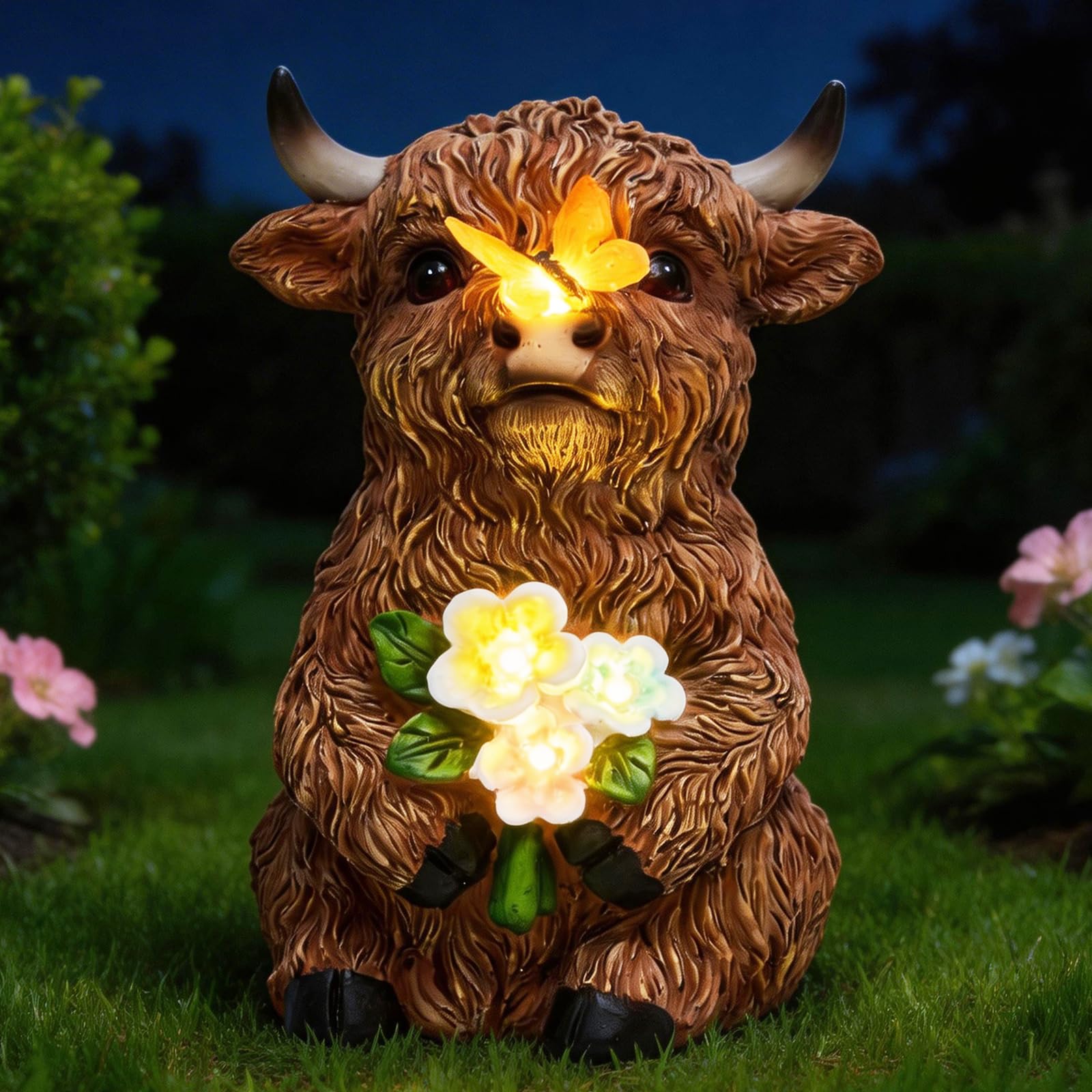 LXOUMEI solar Highland cow statue with nose butterfly glow for garden charm.