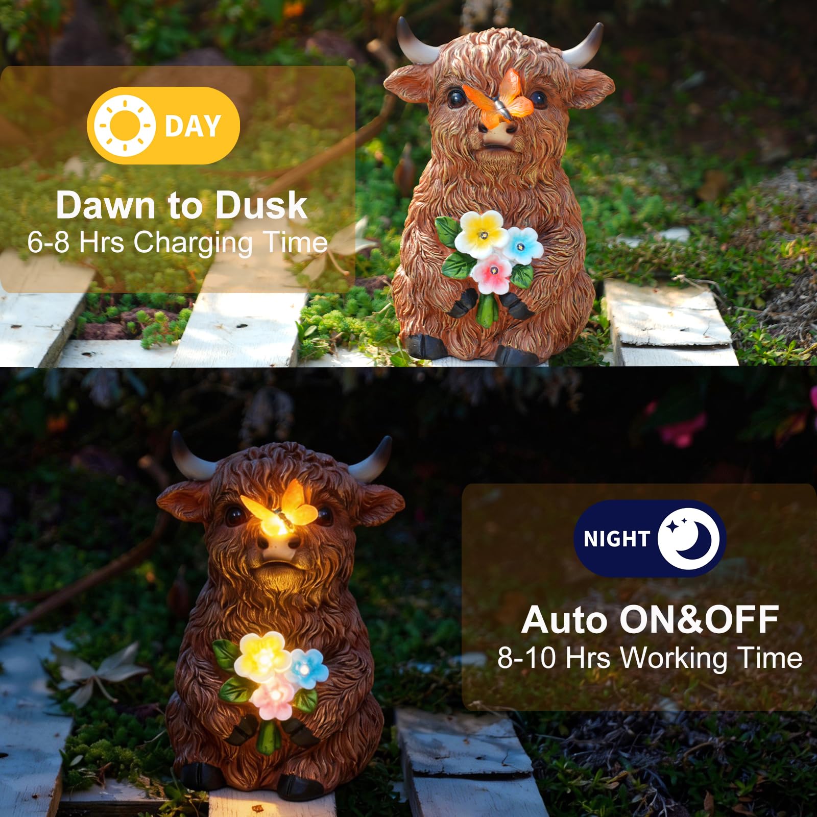 LXOUMEI solar LED garden statue withstands rain and sun for longevity.