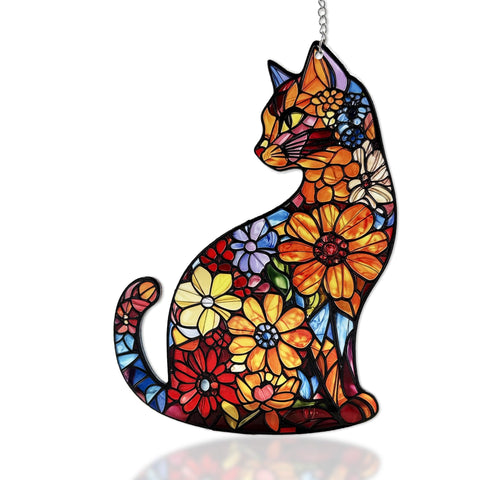 LXTMMRLJQ cat stained glass sun catcher on a sunny window adds vibrant light accents