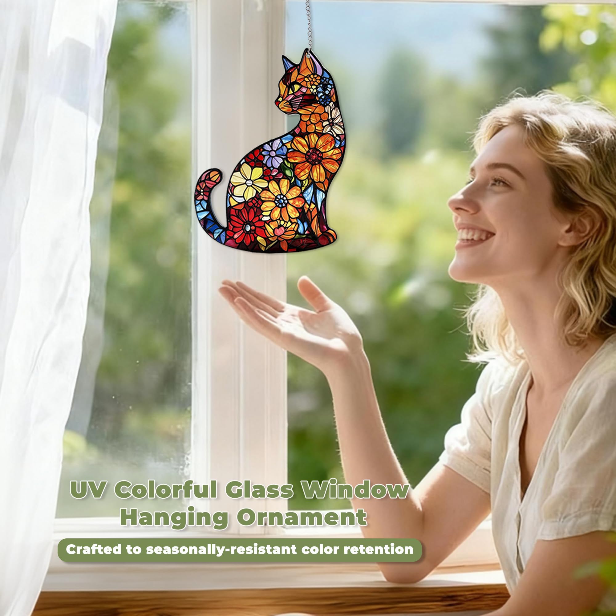 LXTMMRLJQ window suncatcher showcases cat motif with sunlit color patterns