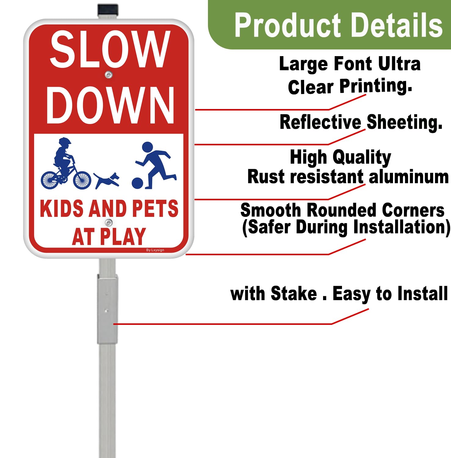 Lxysign heavy-duty stake 35in supports stable ground installation.
