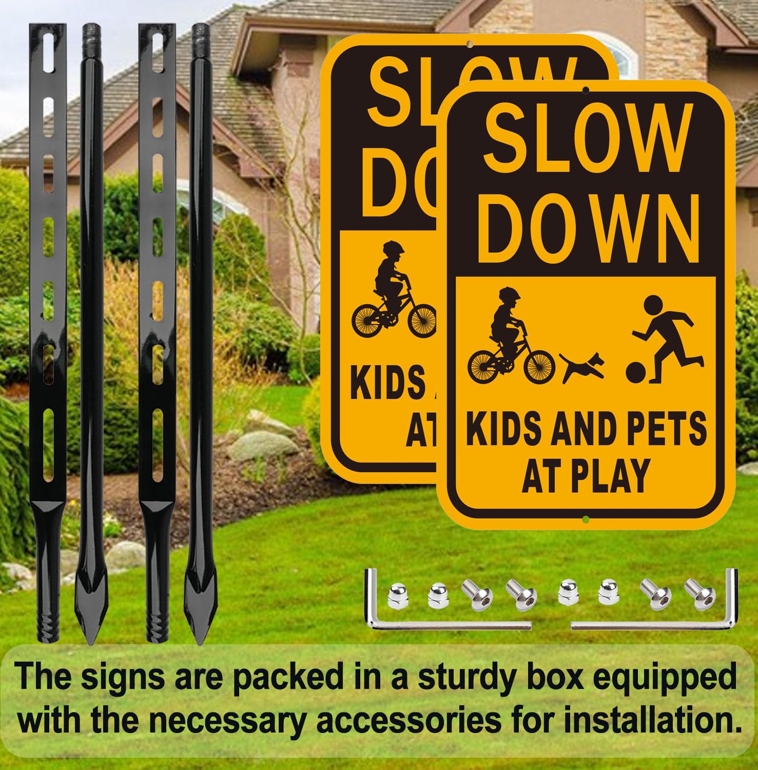 Lxysign signs installed on a residential street encourage slower driving.